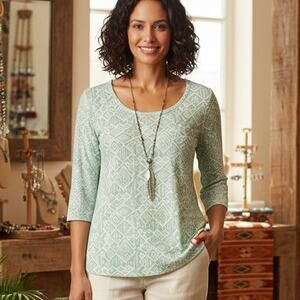 Peruvian Connection Scoop Neck Blouse Green Geo Print size S